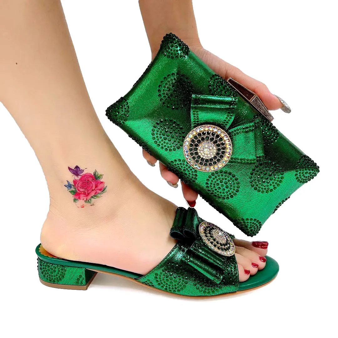

Wonderful Green Women Shoes Match Purse With Rhinestones Decorate African Dressing Pumps And Handbag Set A1074,Heel 3CM