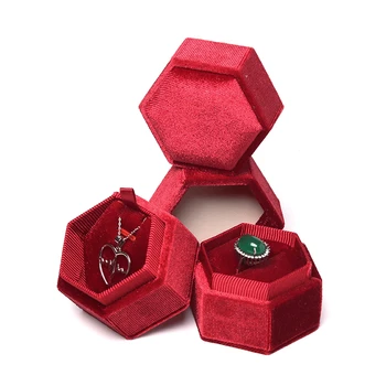

Retro Red Velvet Flat Hexagonal Flannel Jewelry Ring Earring Pendent Display Box Built-in Card Slot For Women Engagement Gift