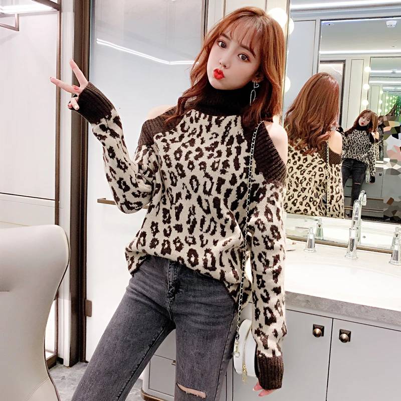 Women Sweaters Blouse Spring Autumn New knitted sweater Leopard print Long Sleeve Turtleneck Brown colors Pullovers blusas 1629H | Женская
