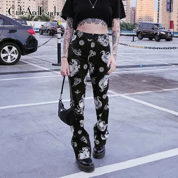 

Chinese Style Straight Pants Women Dragon Print Vintage High Waist Trousers Streetwear Plus Size Wide Leg Joggers Cuteandpsycho