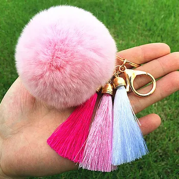 

2020 New Arrival Key Chains Women Faux Rabbit Fur Cony Hair Ball Pompom Charm Thrice Tassel Keychain Handbag Key Ring Pendant