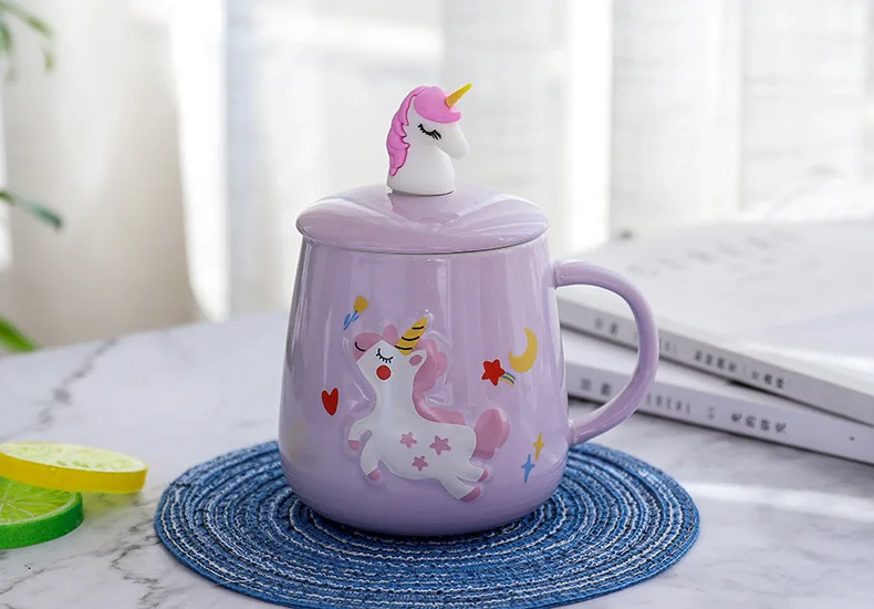 Милый мультфильм Единорог живот чашки с крышкой Ложка сок молоко вода керамическая чашка бытовой завтрак кружки для детей студентов подарки