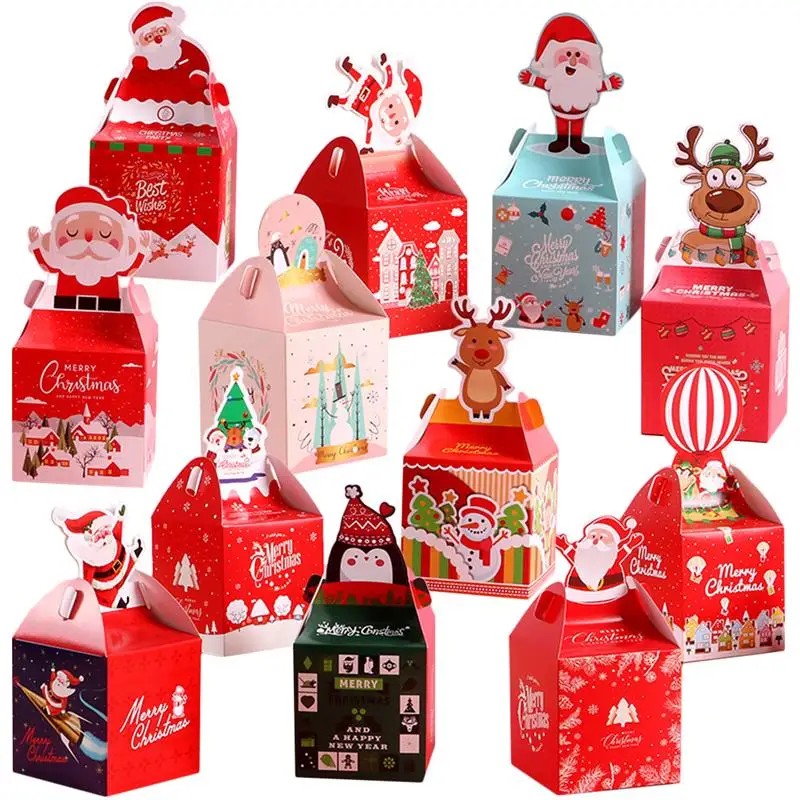 

12PCS Christms Favor Boxes With Hanlde Random Pattern Paper Chocolate Holders Candy Containers Gift Wrap Box For Packaging Party