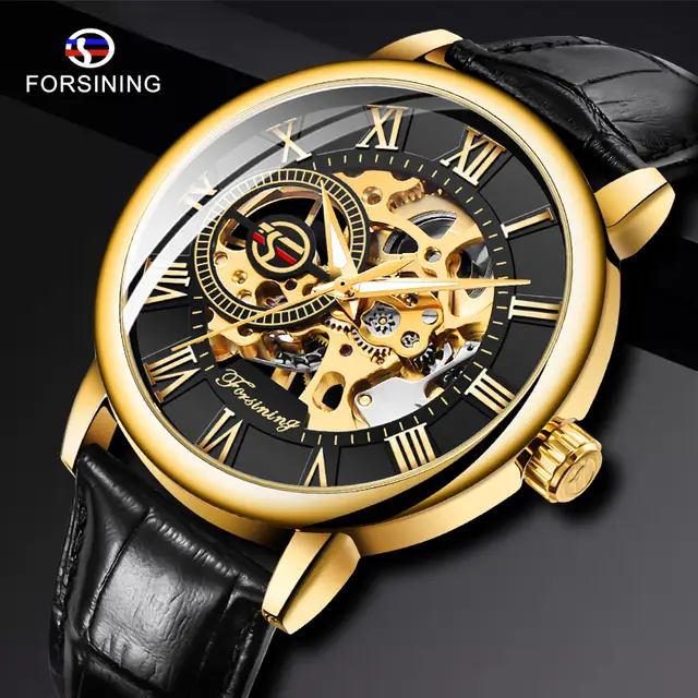 forsining 3d logo design hollow engraving black gold case leather skeleton mechanical watches men luxury brand heren horloge