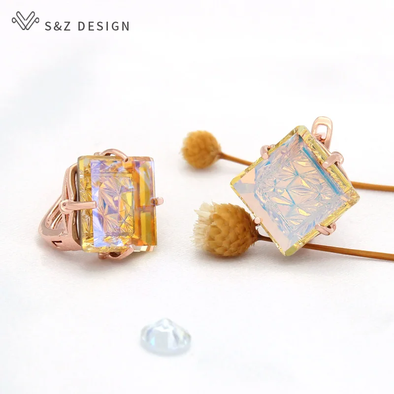 S&Z DESIGN New Fashion Big Square Crystal Dangle Earrings For Women Wedding Fine 585 Rose Gold Color Jewelry