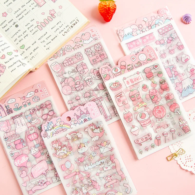 

4PC/set Pink strawberry cake Unicorn Decorative Stickers Scrapbooking diy Stick Label Diary Stationery Album Journal Sticker