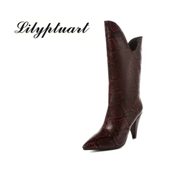 

2019 autumn high profile with middle boots pointed female boots leopard print short boots women's shoes dark red brown