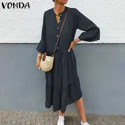 VONDA/женское Повседневное платье с круглым вырезом и длинным Расклешенным рукавом, однотонные платья, свободный пляжный сарафан размера