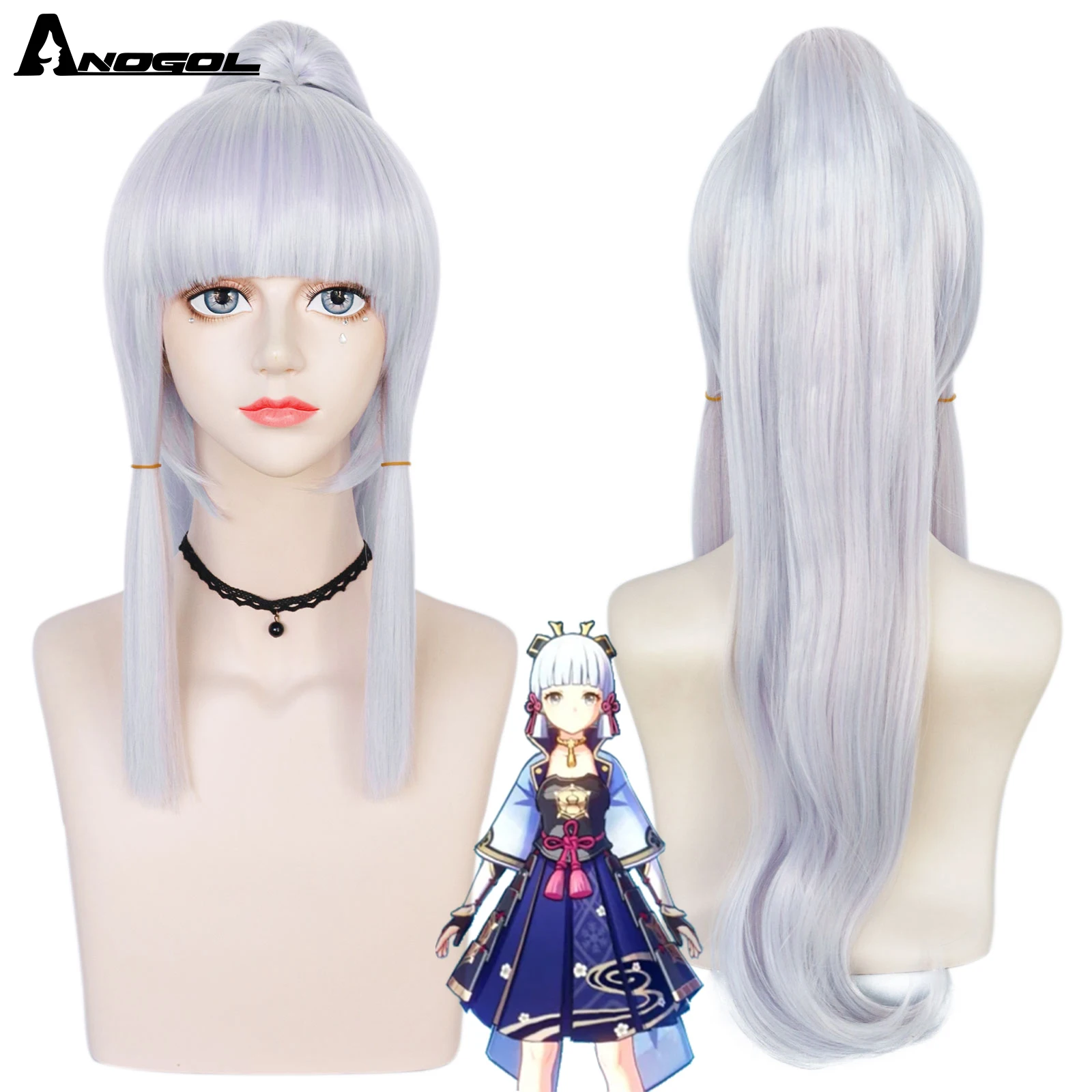 ANOGOL Ayaka Game Genshin Impact Cosplay Wig Long Silver Hair with Bangs Heat Resistant Synthetic Anime Wigs Halloween Party shangke synthetic red black blonde white lolita wigs for women long straight wig with bangs genshin impact cosplay wig