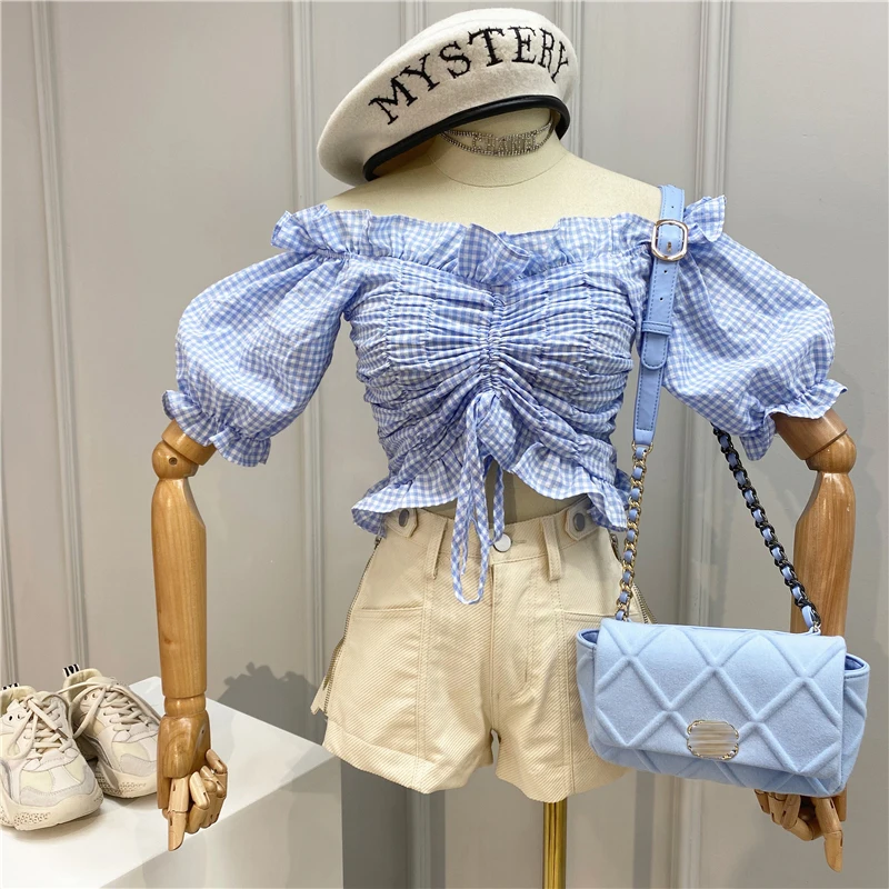 

Women Plaid Blouse Sweet Ruffled Plaid Off-Shoulder Slash Neck Drawstring Lace-up Short Top Women's 2020 Summer Shirt Crop Top