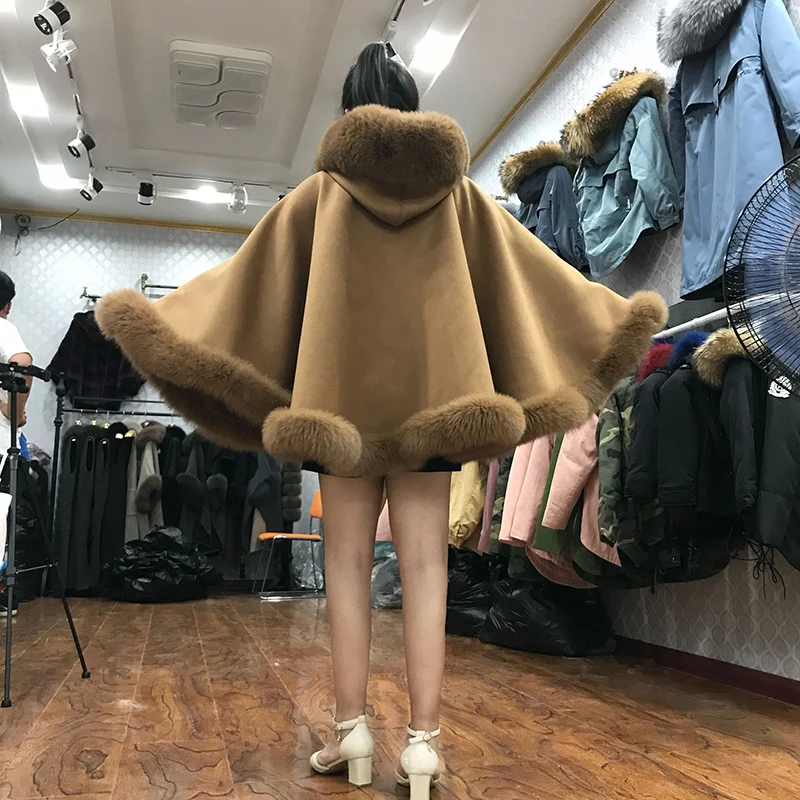 2021 Women Cashmere Capes With Real Fox Fur Hooded Collar Wraps Luxury Female Winter Scarf Stole Pashmina Lady Coat Poncho |