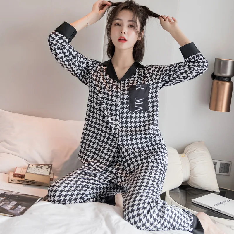 

Autumn New Pajamas Women's Thin Viscose Fiber Long Sleeve Long Pants Set Lapel Silk Leisure Tops Bathrobe Sleepwear Nightdress