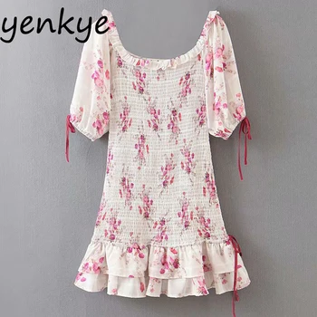 

Floral Print Sexy Elastic Dress Women Square Neck Short Sleeve Hem Ruffle Mini Dress Female Chiffon Summer Romantic Party Dress