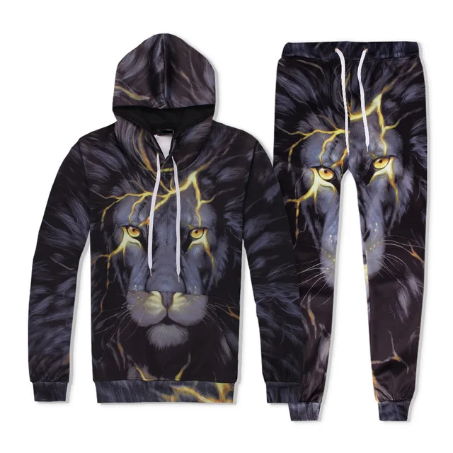 

2 Piece Set Men Women 3D Tracksuits Print Animal Lightning Lion Fashion Hip Hop Hoodies Hooded+Pants Sweatshirt 2019 New Arrive