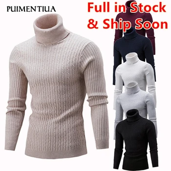 

Puimentiua 2019 New Men's High Neck Sweater Solid Simple Slim Fit Hedging Turtleneck Knitted Long Sleeves Pullover Top Males