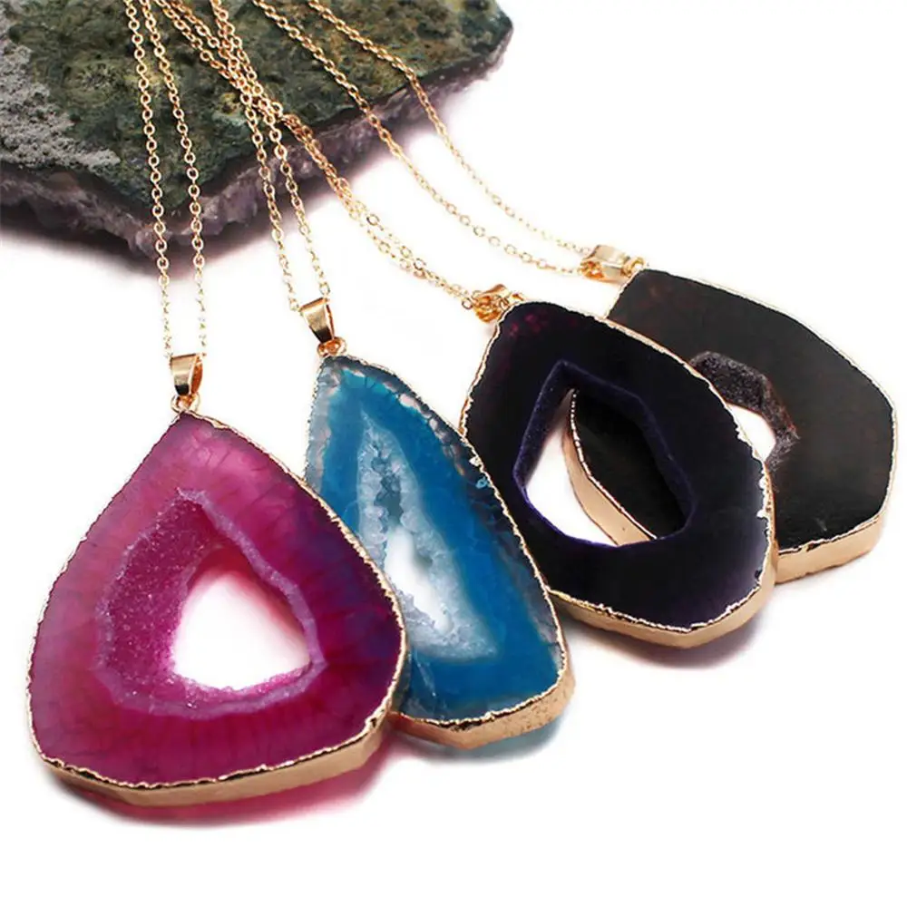 

6pcs/lot Natural Stone irregular Crystalline teeth colored agatess tablet necklace rough stone plating golden choker DIY jewelry