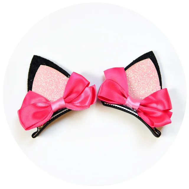 2pcs/Set Cute Hair Clips For Girls Glitter Rainbow Felt Fabric Flowers Hairpins Cat Ears Bunny Barrettes Kids Hair Accessories Pink -2