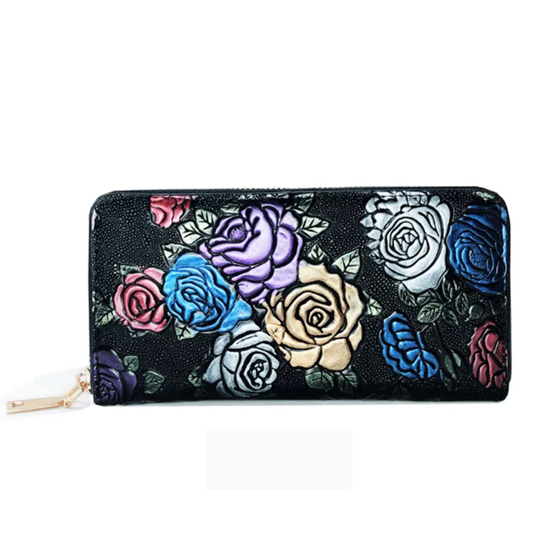 Long Leather Wallet for Women, Retro Clutch, Rose Flower Pattern, Designer Purse, Wristlet, Phone Bag, Female 2024 New