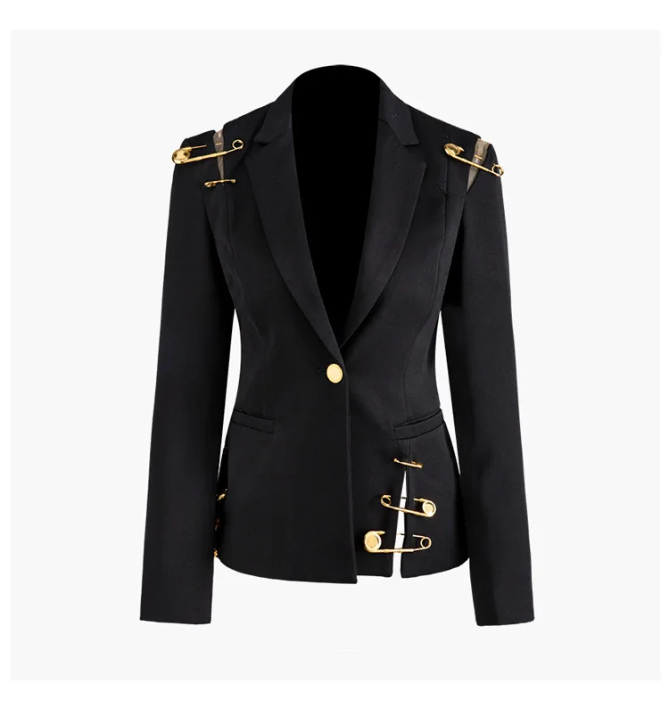 Дизайнерский высококачественный Женский Однотонный черный блейзер, пальто с длинным рукавом и золотыми булавками, официальный офисный Женский Тонкий Блейзер, пиджак, пиджак - Цвет: Черный