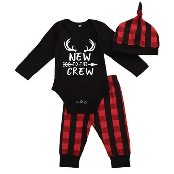 安い 新生児クリスマス衣装かわいい手紙プリントボディスーツ + チェック柄ロングパンツ + 帽子 3 枚の服セット