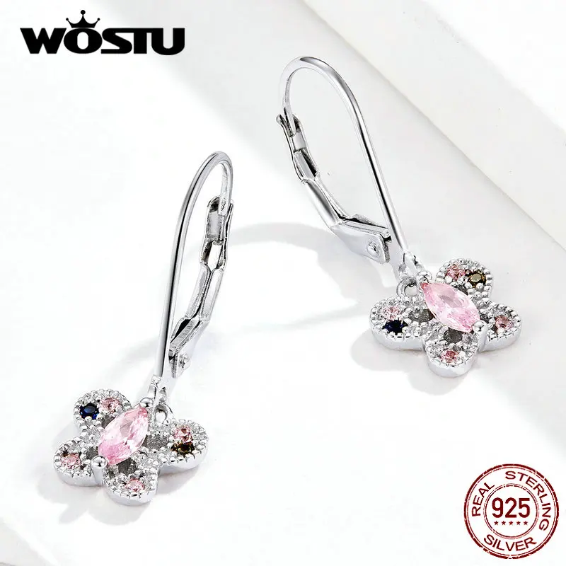 WOSTU Новое поступление 925 пробы серебряные висячие серьги с бабочкой розовый циркон свадебные серьги для женщин Роскошные ювелирные изделия CQE750