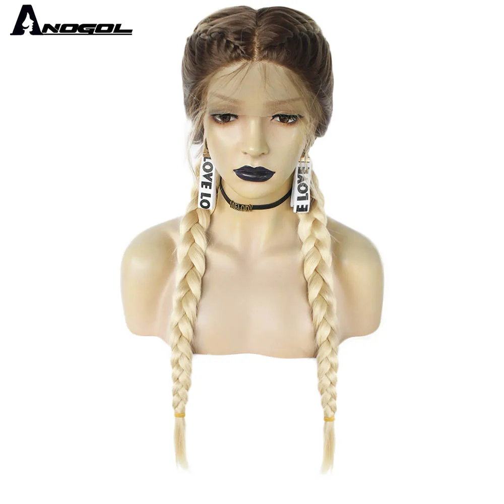 

Anogol Pre Plucked Long Double Braids Black Brown Dark Roots Ombre Blonde Synthetic Braided Lace Front Wig With Baby Hair