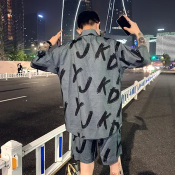 

Print Suit Social Short Sleeve 2-piece Set Harajuku Loose Sweat Suit Men Clothes 2020 Summer Print Tracksuit Men Shirt+shorts