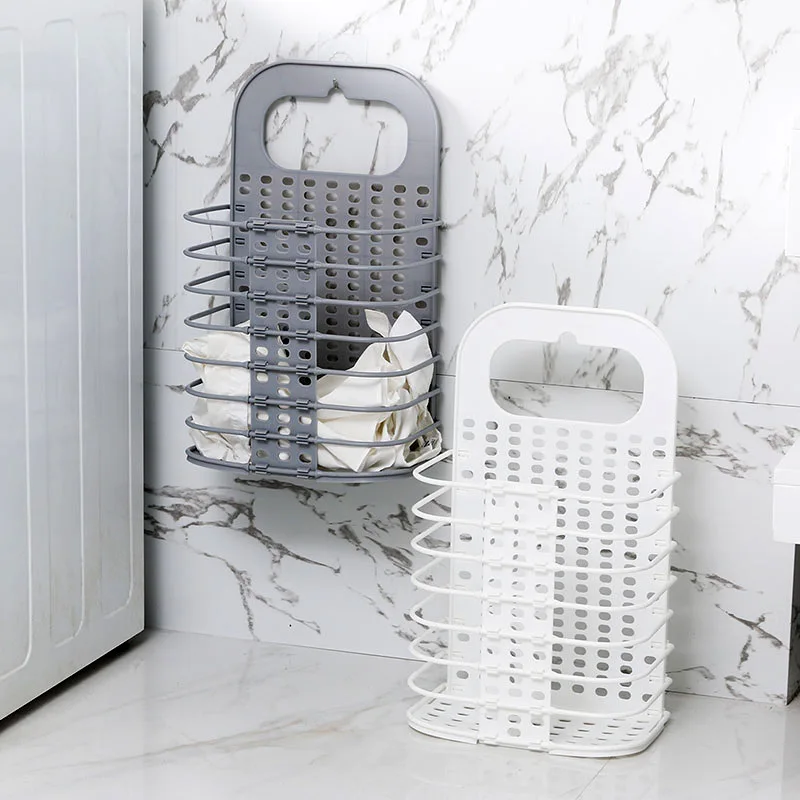 

Wall Hanging Laundry Basket with Handle Foldable Plastic Storage Basket Household Simple Readily Storage Shelf Hot Selling
