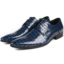 England Fashion Patent Leather Men Dress Pointed Toe Crocodile Pattern Business Male Formal Genuine Leather Shoes Flat