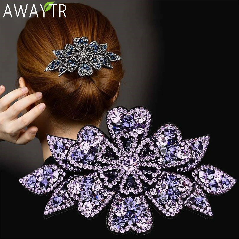 AWAYTR Crystal Flower Barrettes Hair Clips for Women Vintage Rhinestone Hairpins Headwear Girls Hair Accessories Jewelry Clips morocco traditional wedding belts gold plated square rhinestone turkish kaftan belt middle east women jewelry waist chain