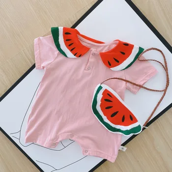 

2020 Summer Baby Toddler Short Sleeve Lapel Collar Watermelon Cotton Kids Romper Infant Girls Jumpsuit Newborn Clothes + Bag