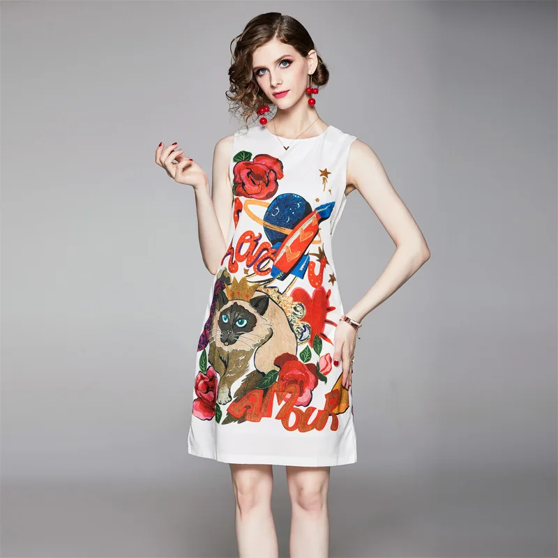 

Star Catwalks Celebrity Style 2019 Spring And Summer New Style Sleeveless Vest Skirt Loose-Fit A- line Industrial Floral Printed
