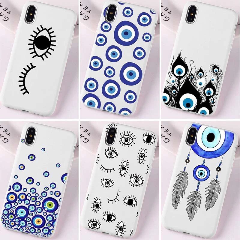 Turkish lucky Blue Evil Eye Abstract Print Art Off White Color Phone Case For iPhone 8 76SPlus XS 11 12 Mini pro MAX XR Cover iphone 6 case