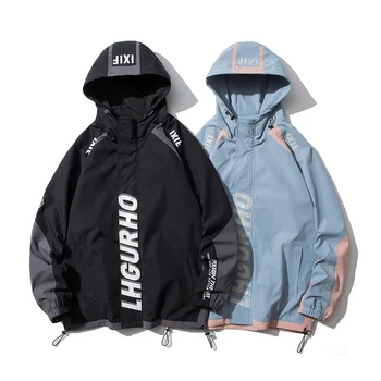 

Hip Hop Mens Hooded Windbreaker Jacket Autumn 2019 Casual Vintage Color Block Loose Track Hoodie Jacket Coats Streetwear HipHop