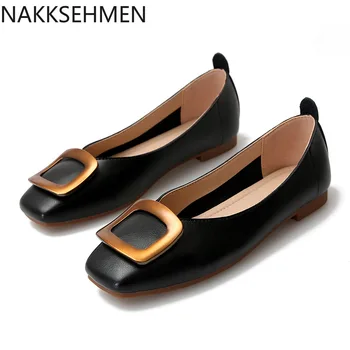 

New Style Single Shoes Women's Metal Buckle Shallow Mouth Square Head Grandma Shoes Soft Bottom Large Flat Casual Women's Shoes