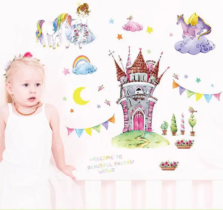 Fairy Tale Princess Castle Wall Sticker for Children Background of Television in the Drawing Room Decorative | Дом и сад