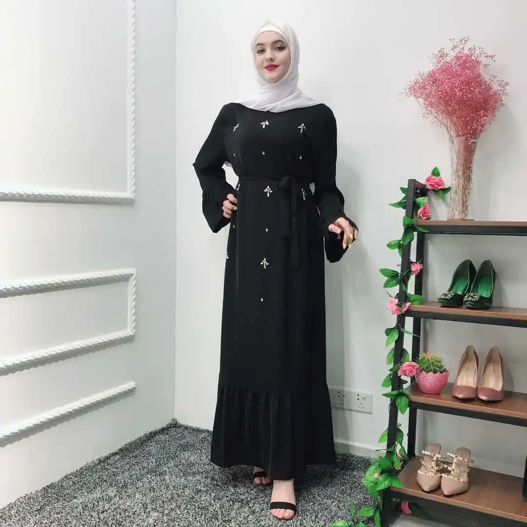 Hand made diamond beading muslim peignoir Robes syari Dubai Fashion female full length ruffles Abaya Muslim Dress with belt