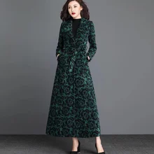 Осенне-зимнее винтажное женское зеленое шерстяное пальто с высокой талией и цветочным принтом, шерстяное пальто для женщин, женская облегающая одежда