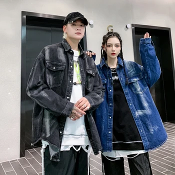 

High Street Gradient Washed Jeans Men and Women Harajuku Jean Jacket Oversize Retro Solid Windbreaker Hip Hop Denim Coat