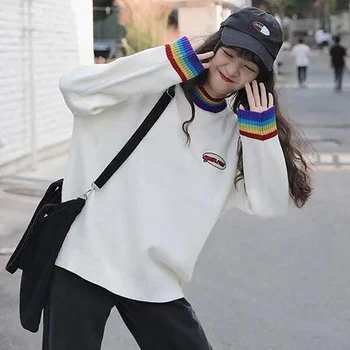 

Rainbow Half-high Collar Pullover women's Sweater 2019 Winter Loose Style Sweater High Street Sweaters Black White