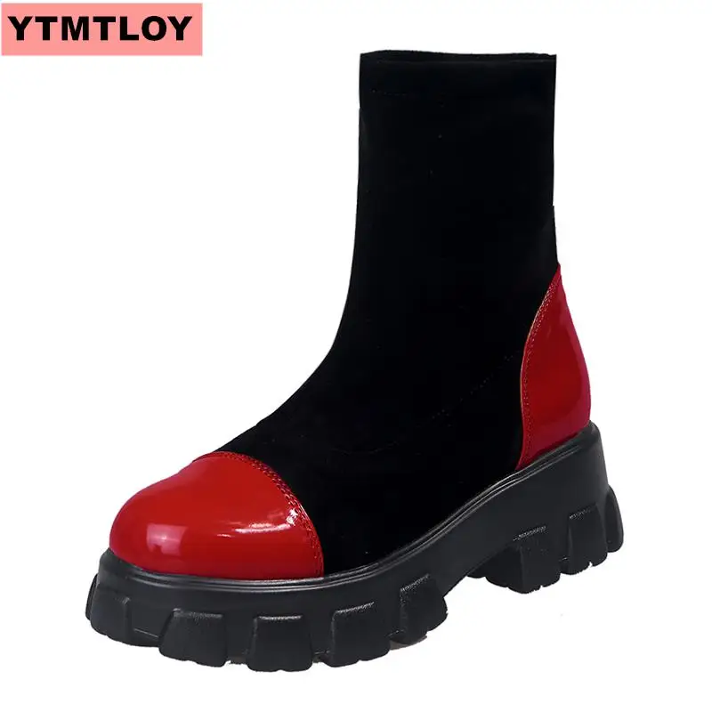

Bright patent leather ankle boots women's lace platform boots women's winter warm plush women's boots street wind shoes