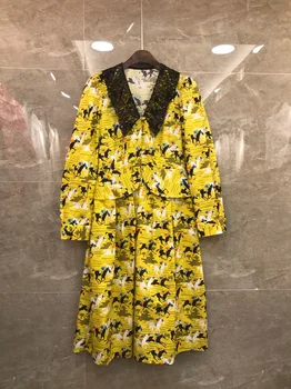 

2020 Early Spring New Model Fashion Casual Stand Collar Long Sleeve Flowers Printed Yellow Midi Cotton Dress