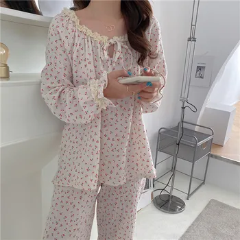 

shivering cherry print home clothes lace ruffles 100% cotton pajamas set women lounge wear loose soft comfortable sleepwear Y114