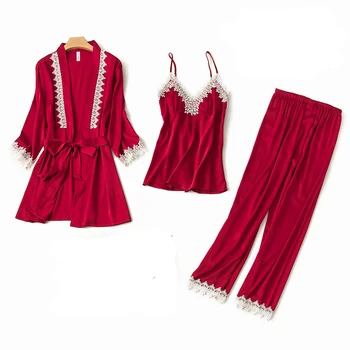 

Burgundy Womens 3PCS Pajamas Suit Sexy Spring Nightgown Sleepwear Kimnon Robe Bathrobe Gown Home Clothing Nightwear Nightgown