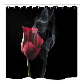 

3D Red Rose Bath Curtains,Mystic Fog Flowers on Black Backdrop Valentines Day Lover Decor Design Polyester Waterproof Fabric