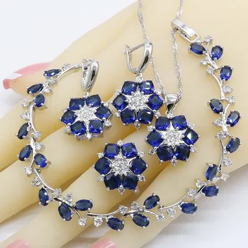 

Royal Blue Semi-precious Silver Color Jewelry Sets for Women Bracelet Earrings Rings Necklace Pendant Birthday Gift