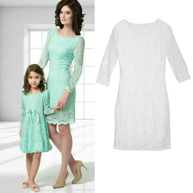 Mom&Me Family Matching Long Sleeve Lace Wedding Party Dress for Mother Daughter