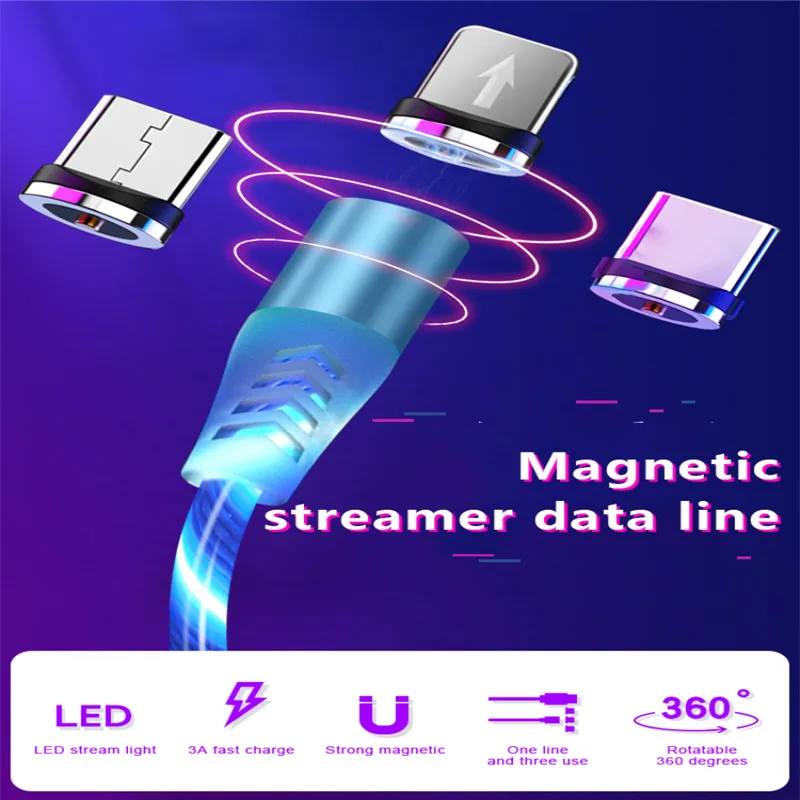 

Wholesale Led Colorful Streamer Magnetic Type-C Micro USB Cable 2.4A Fast Charging Data Line For Xiaomi For Huawei For Samsung