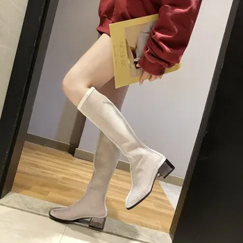 

Sexy Mesh Sock Knee High Boots Women Summer Autumn Fashion Long Boots Breathable Hollow Out Clear Square Heels White Black Shoes