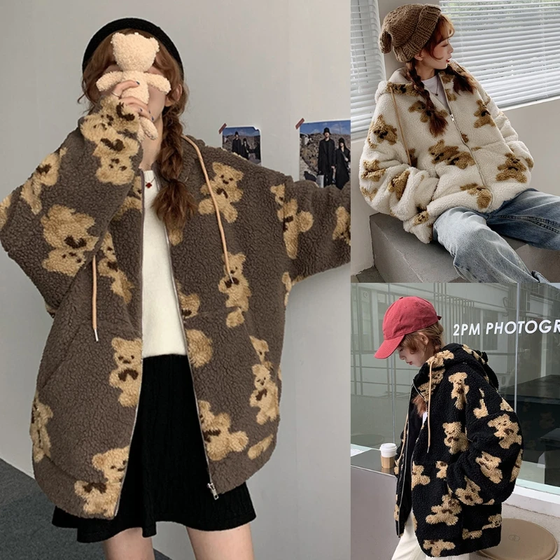 Women Winter Fuzzy Plush Hoodie Jacket Cute Cartoon Bear Print Shaggy Oversized Coat Harajuku Long Sleeve Warm Zip Up Sweatshirt